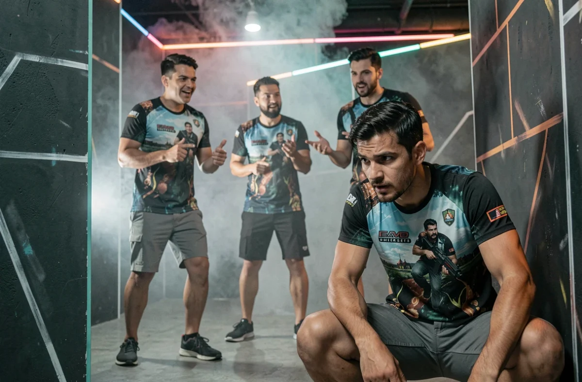 Hommes participant à une activité fun lors d'un enterrement de vie de garçon en salle de jeux
