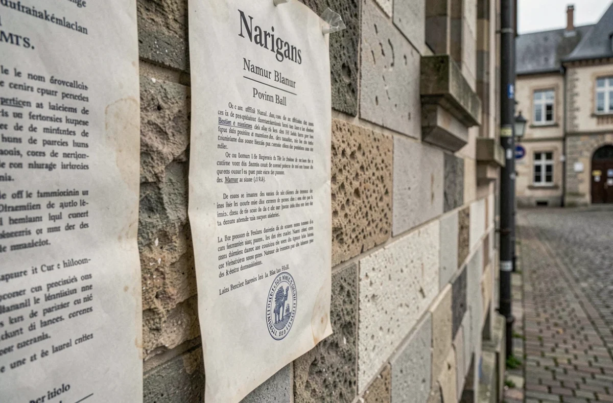 Affiche officielle de publication des bans de mariage sur le panneau extérieur d'une mairie à Namur