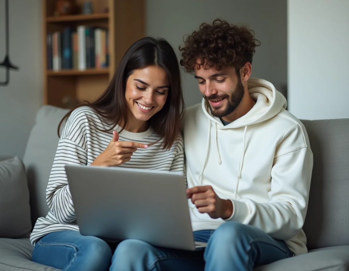 Deux amis jouant ensemble à une partie de Scrabble gratuite en ligne sur un ordinateur portable dans un salon moderne