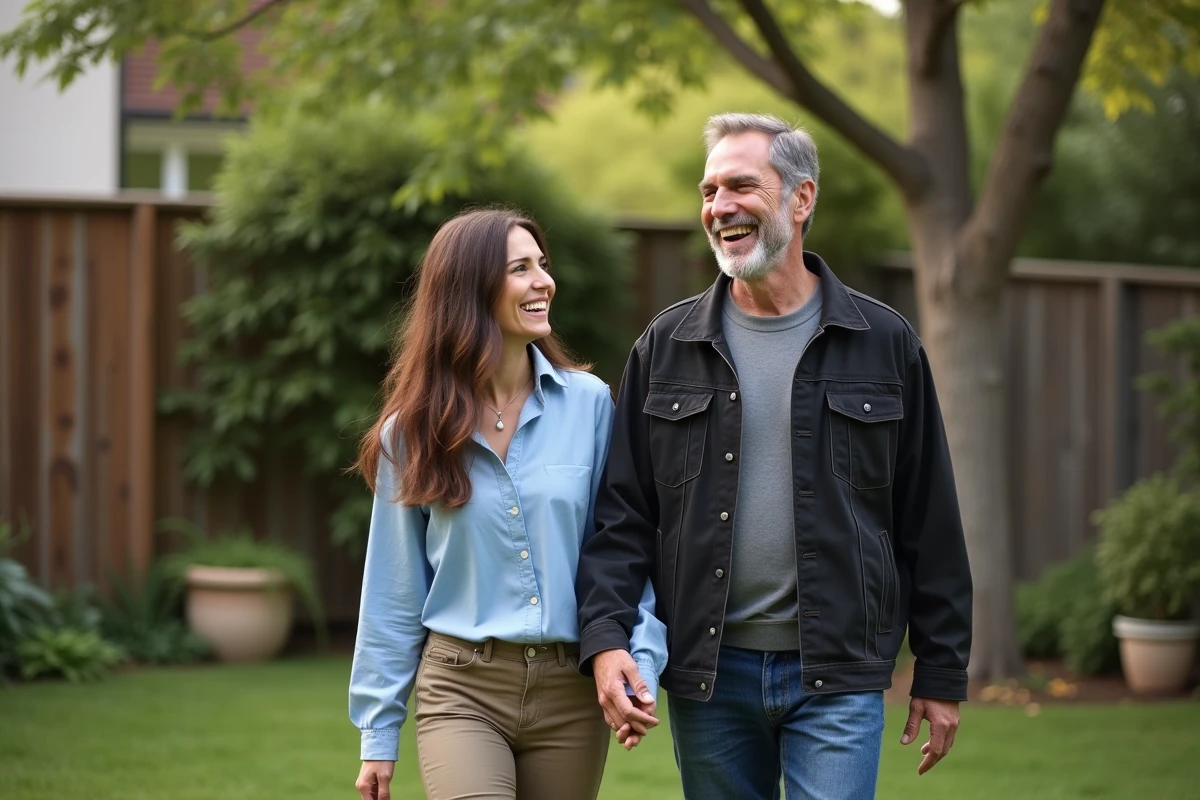 Couple souriant en promenade dans un jardin verdoyant