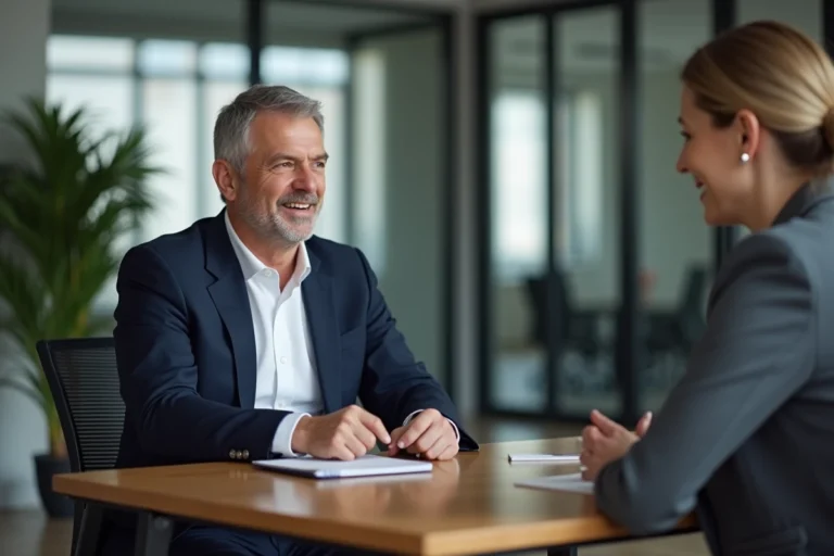 Séance de coaching exécutif entre un dirigeant en costume marine et une coach professionnelle autour d'une table en bois dans une salle de réunion moderne