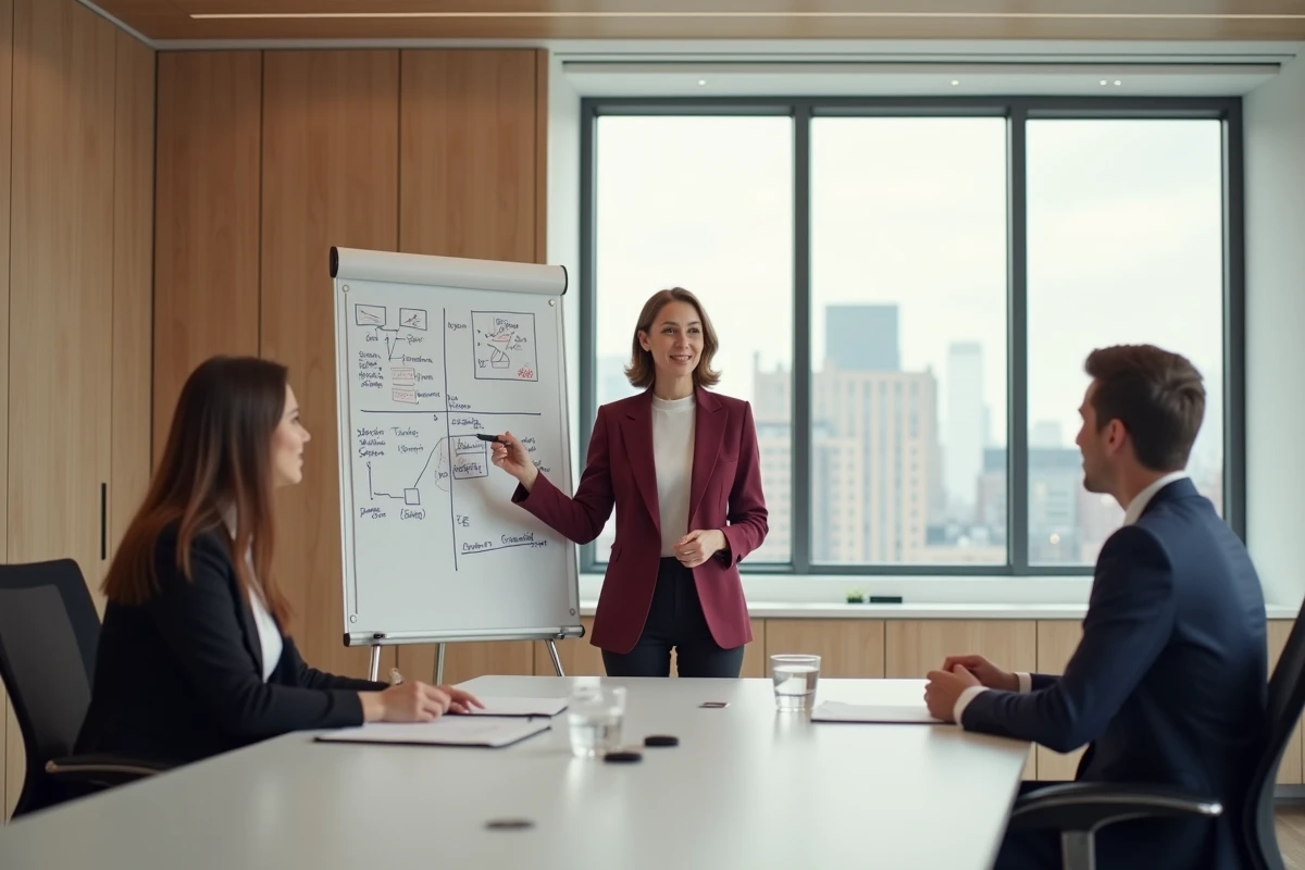 Dirigeante présentant des stratégies de leadership à son équipe dans une salle de réunion épurée avec un tableau blanc rempli de schémas