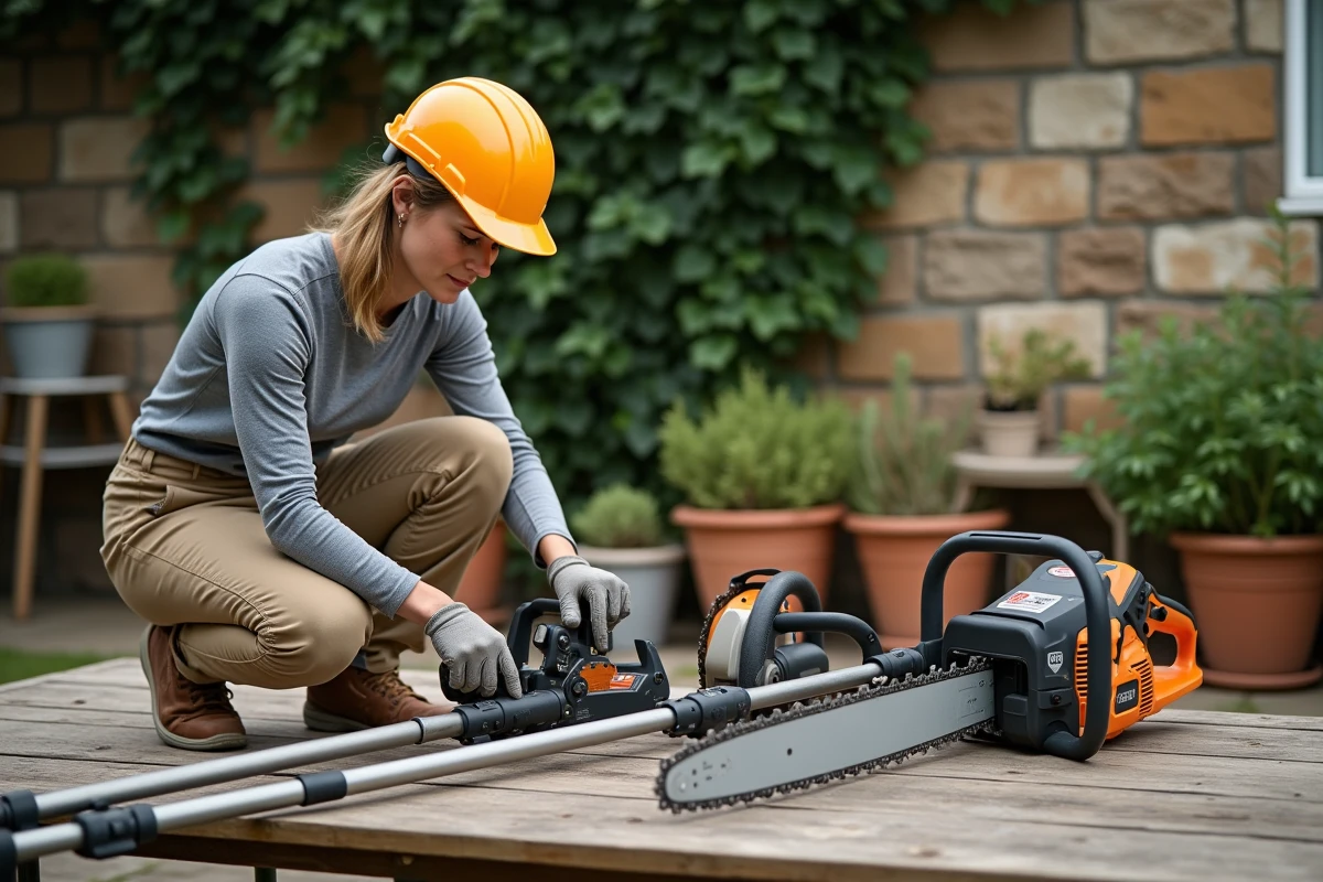 Femme comparant différents modèles d'élagueuses posées sur un établi de jardin en bois
