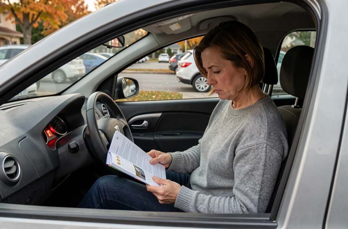 Femme consultant le manuel Dacia Sandero face à un voyant de batterie allumé sur le tableau de bord