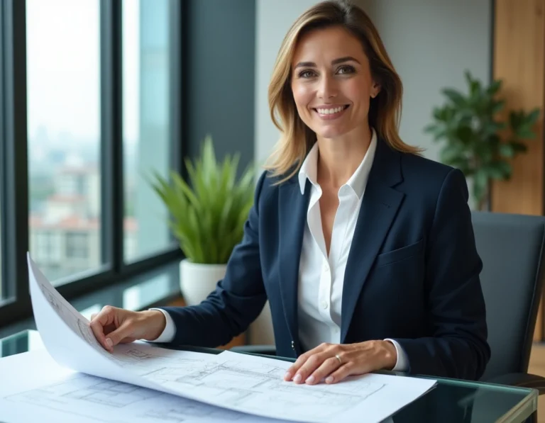 Femme professionnelle de l'immobilier examinant des plans architecturaux dans une agence moderne en 2024