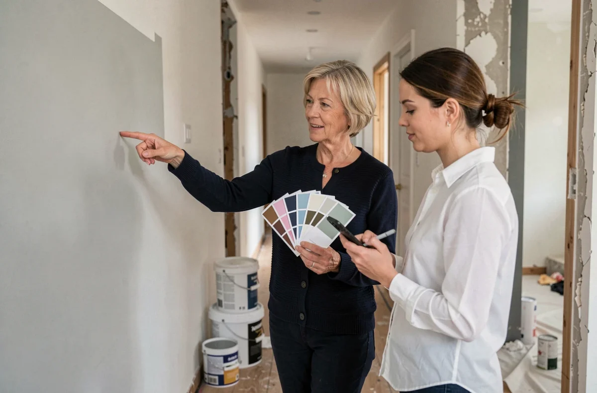 Deux femmes consultant des teintes de peinture dans un couloir d'appartement en cours de rénovation lors d'une visite de décoration