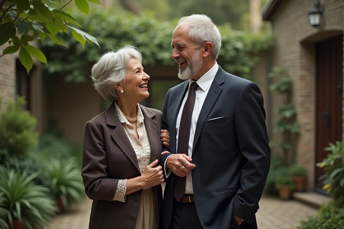 Couple en tenue elegante dans un jardin intime
