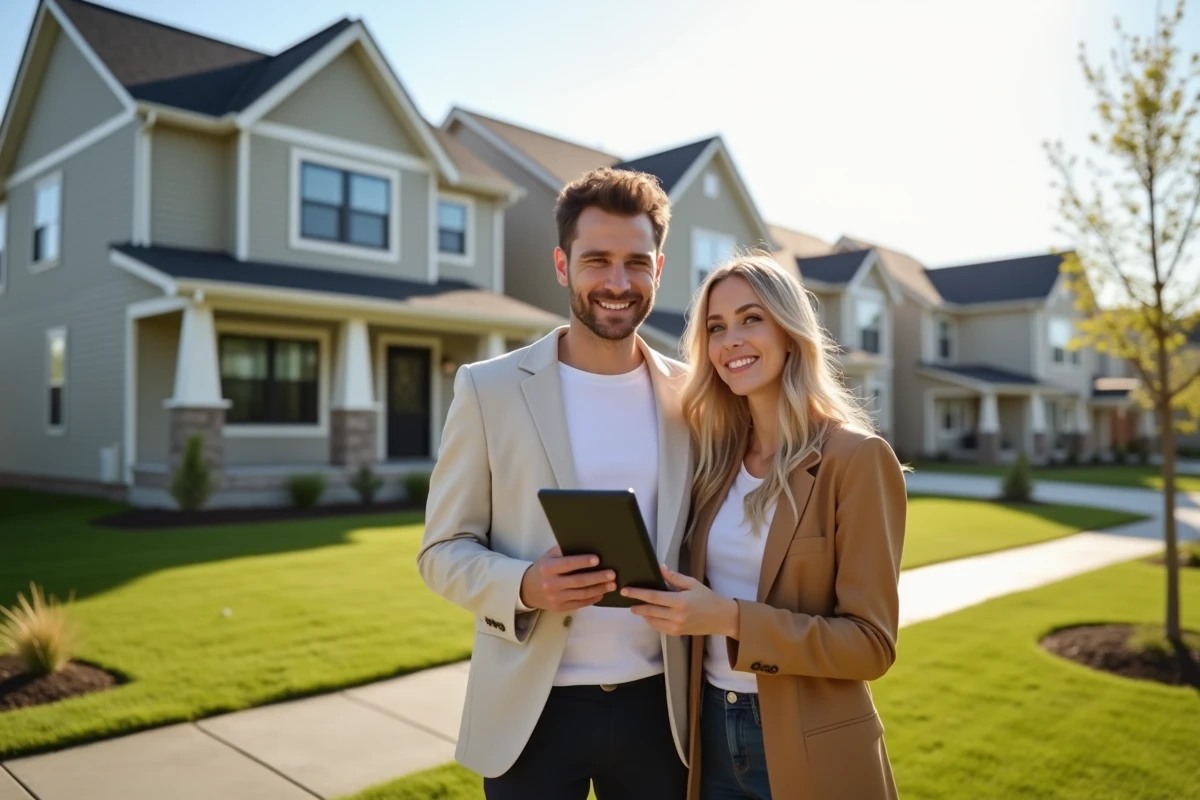 Jeune couple devant une maison neuve avec tablette en main