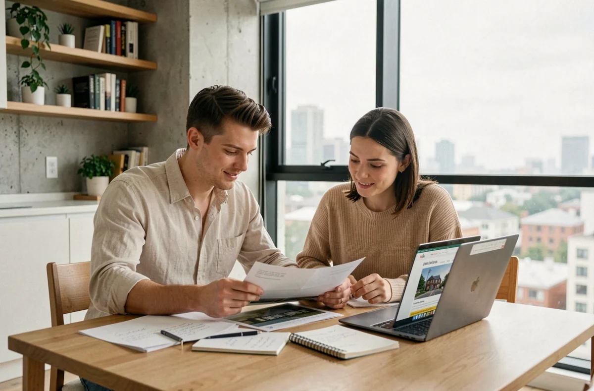 Un jeune couple étudie les documents d'un appartement neuf pour préparer leur négociation