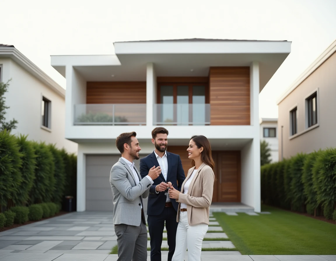Couple recevant les clés de leur nouvelle maison moderne auprès d'un agent immobilier