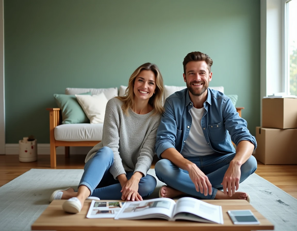 Couple assis sur le sol entouré d'échantillons de peinture et de tissus lors de la rénovation de leur intérieur avec un mur vert sauge fraîchement peint en arrière-plan
