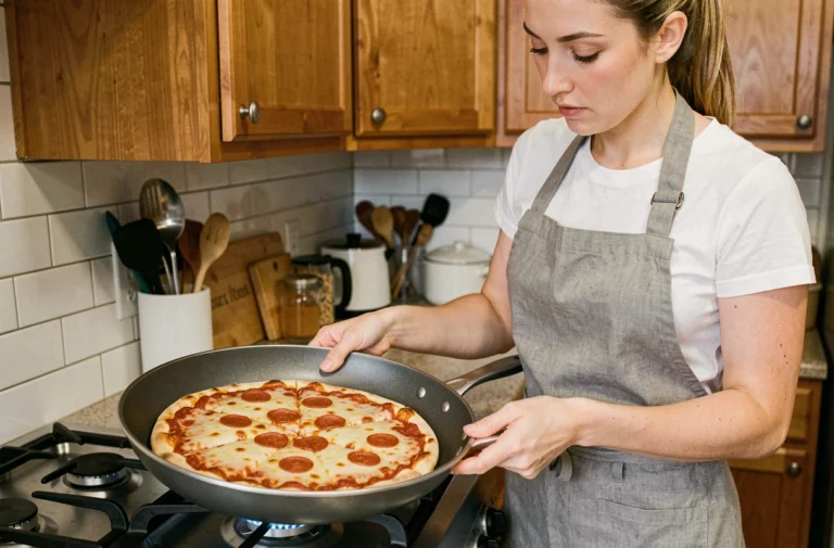 Femme plaçant une pizza surgelée dans une poêle antiadhésive sur une cuisinière domestique