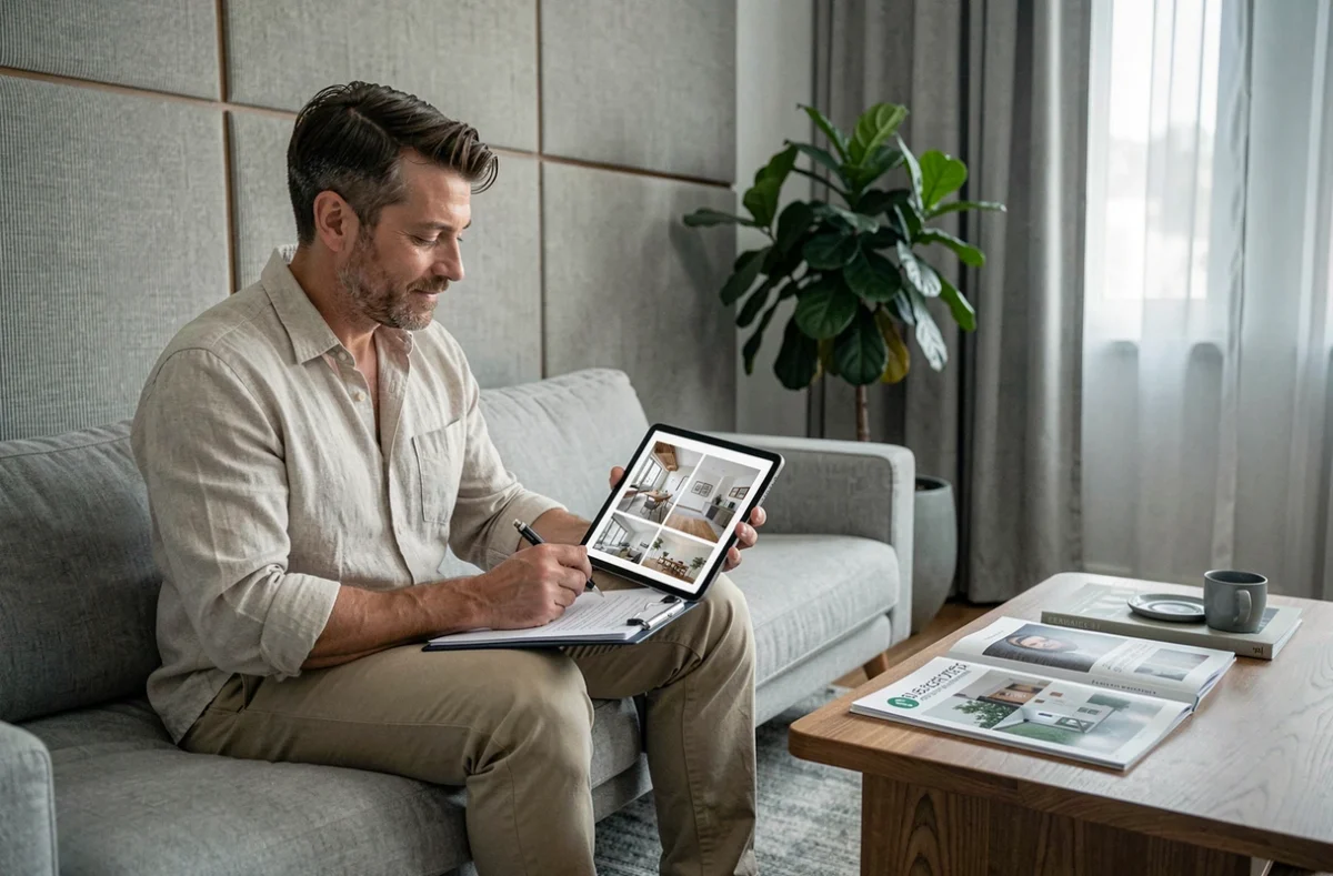 Décorateur intérieur masculin consultant des rendus 3D sur tablette dans un salon contemporain élégamment aménagé