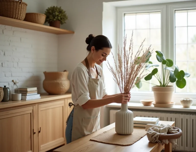 Femme arrangeant des tiges botaniques séchées dans un vase en céramique dans un salon scandinave décoré avec des textiles neutres et des éléments naturels
