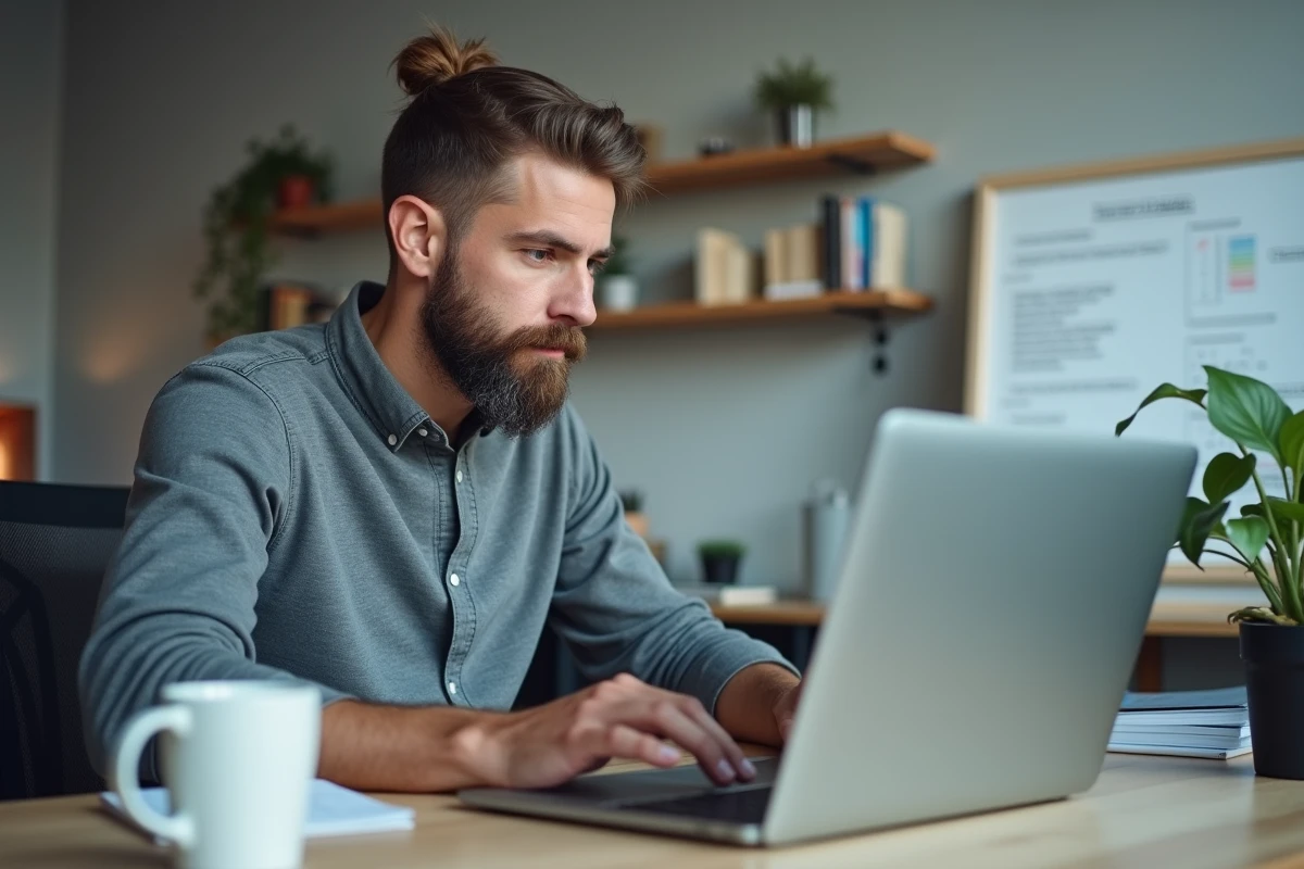 Développeur masculin consultant le plan de navigation d'un site Linux sur un ordinateur portable dans un espace de travail tech moderne