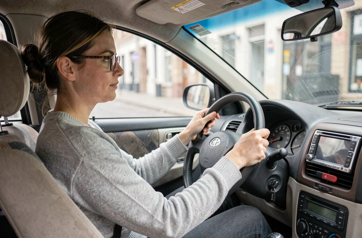 Donna che effettua un test drive di un'auto usata compatta in ambiente urbano, mani sul volante