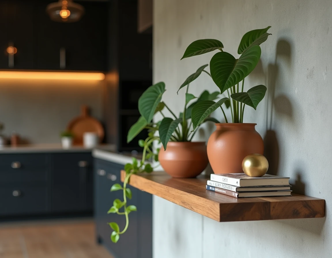 Étagère ouverte stylisée avec des poteries en terre cuite, des objets en laiton et des plantes vertes sur un mur en béton brut dans un appartement moderne