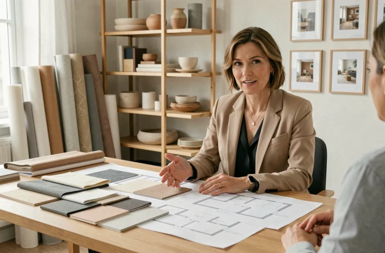 Experte en décoration intérieure discutant de projet avec un client dans un studio professionnel entouré d'échantillons de matériaux