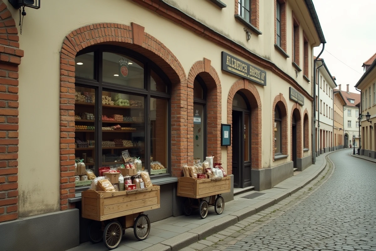 Façade vintage d'une épicerie allemande Albrecht des années 1960 sur une rue pavée