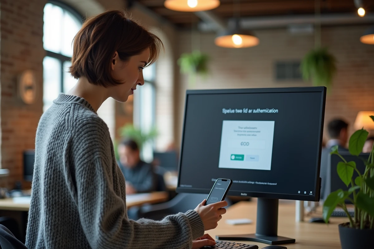 Femme consultant une authentification à deux facteurs sur ordinateur et smartphone dans un espace de coworking