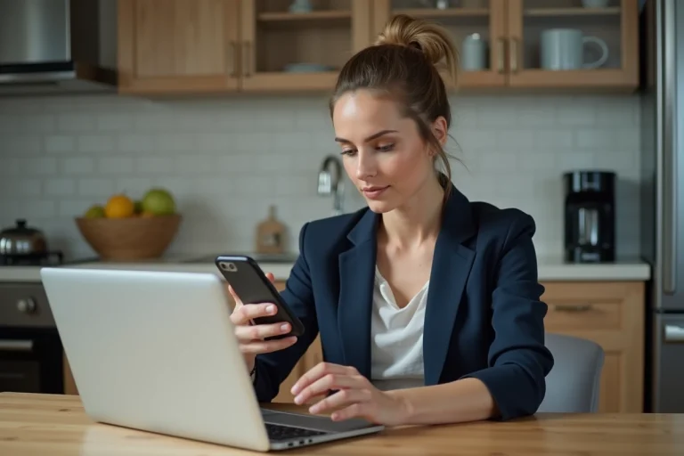 Femme assise en cuisine moderne utilisant son ordinateur et smartphone