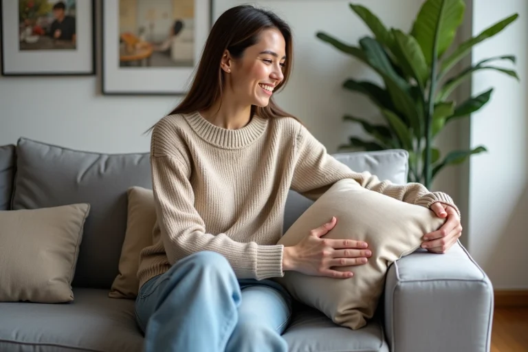 Jeune femme arrangeant des coussins sur un canapé moderne