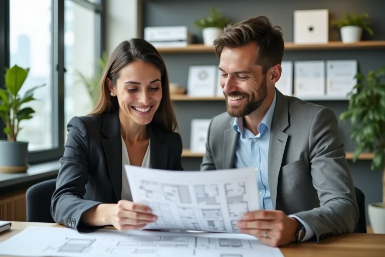 Femme d'affaires examinant des plans immobiliers avec un conseiller