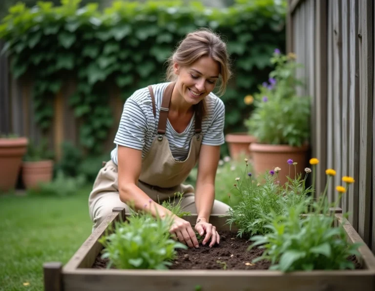 Femme jardinant dans un potager surélevé en bois entouré d'herbes aromatiques et de fleurs sauvages dans un jardin écologique
