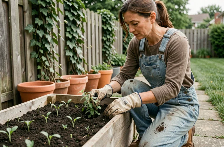 Femme jardinant dans un potager surélevé en bois au printemps, transplantant des jeunes plants d'herbes aromatiques dans un jardin de banlieue verdoyant