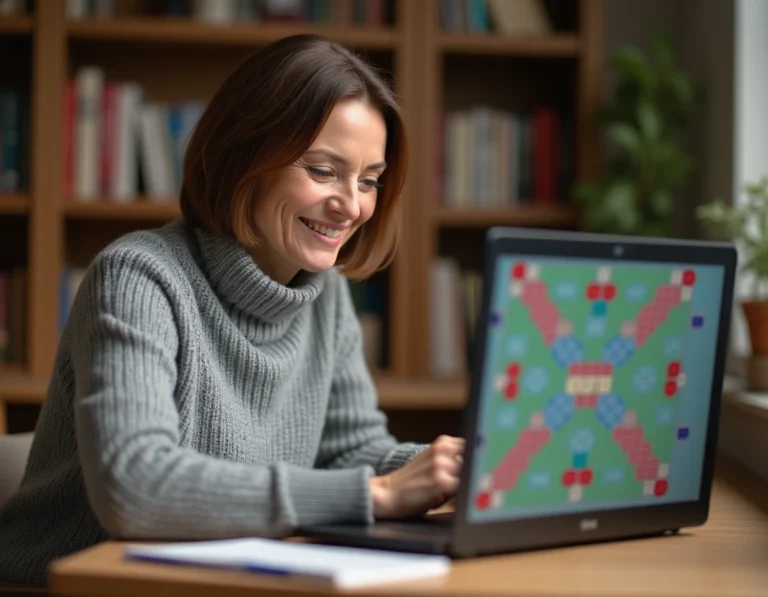 Femme jouant gratuitement au Scrabble en ligne sur un ordinateur portable dans un bureau à domicile chaleureux