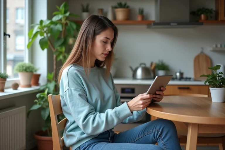 Jeune femme lisant des actualites sur sa tablette dans la cuisine