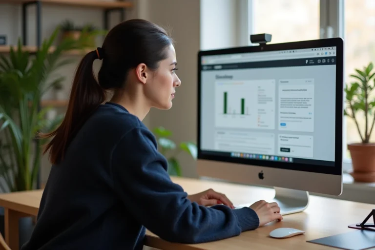 Femme naviguant sur un plan de site Linux sur un écran d'ordinateur de bureau dans un bureau à domicile moderne