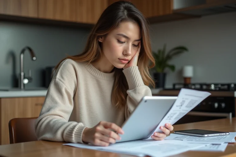 Jeune femme consulte un tablet et des annonces de location