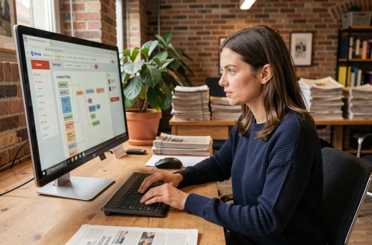 Femme consultant le sitemap d'un site d'actualités locales dans une salle de rédaction moderne à Rennes
