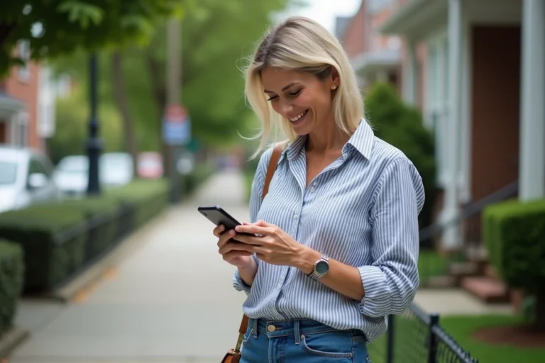 Femme souriante utilisant son smartphone dans un quartier résidentiel