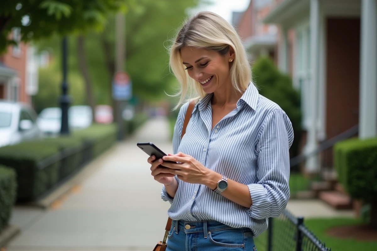 Femme souriante utilisant son smartphone dans un quartier résidentiel
