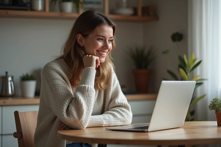 Femme souriante utilisant un ordinateur dans une cuisine moderne