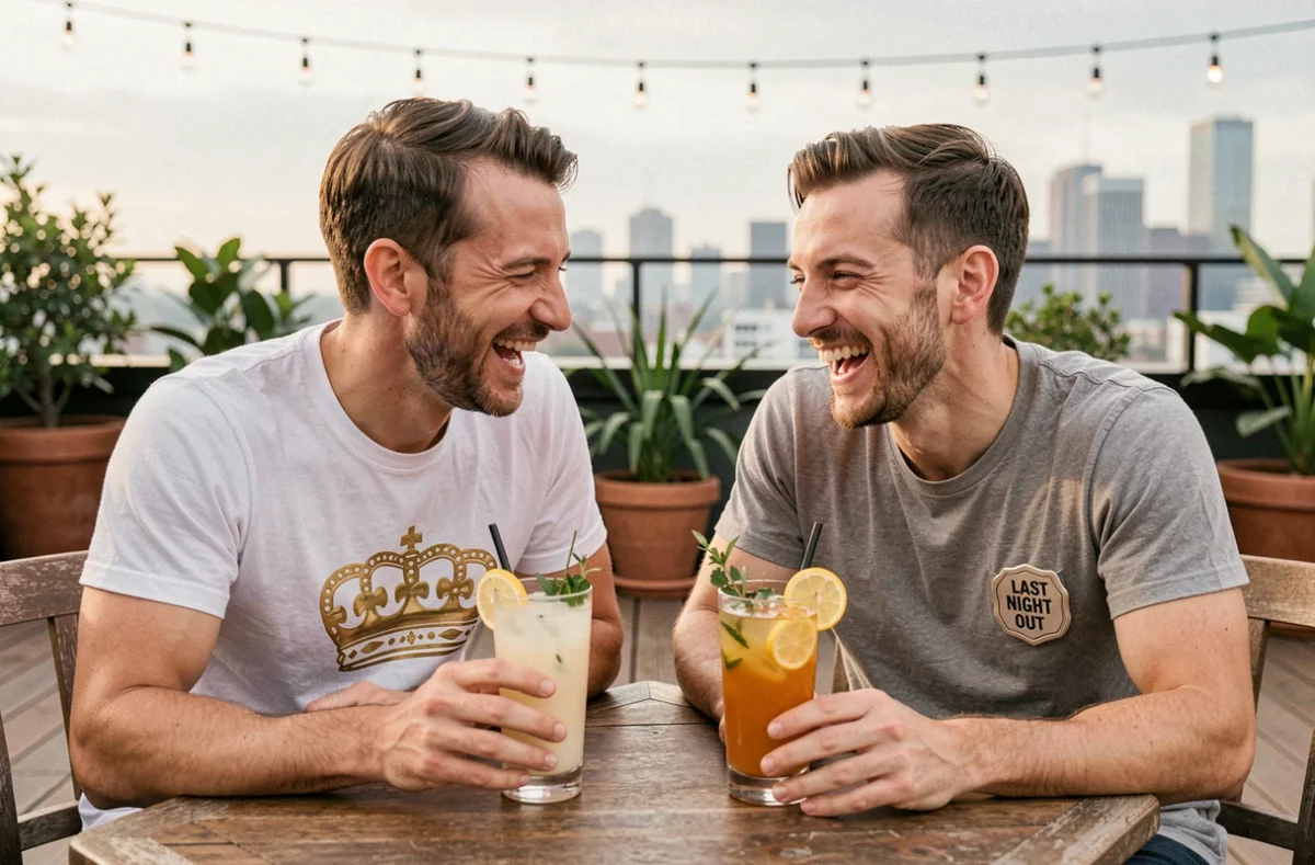 Futur marié et ami complice riant autour de cocktails sur une terrasse rooftop lors de l'EVG