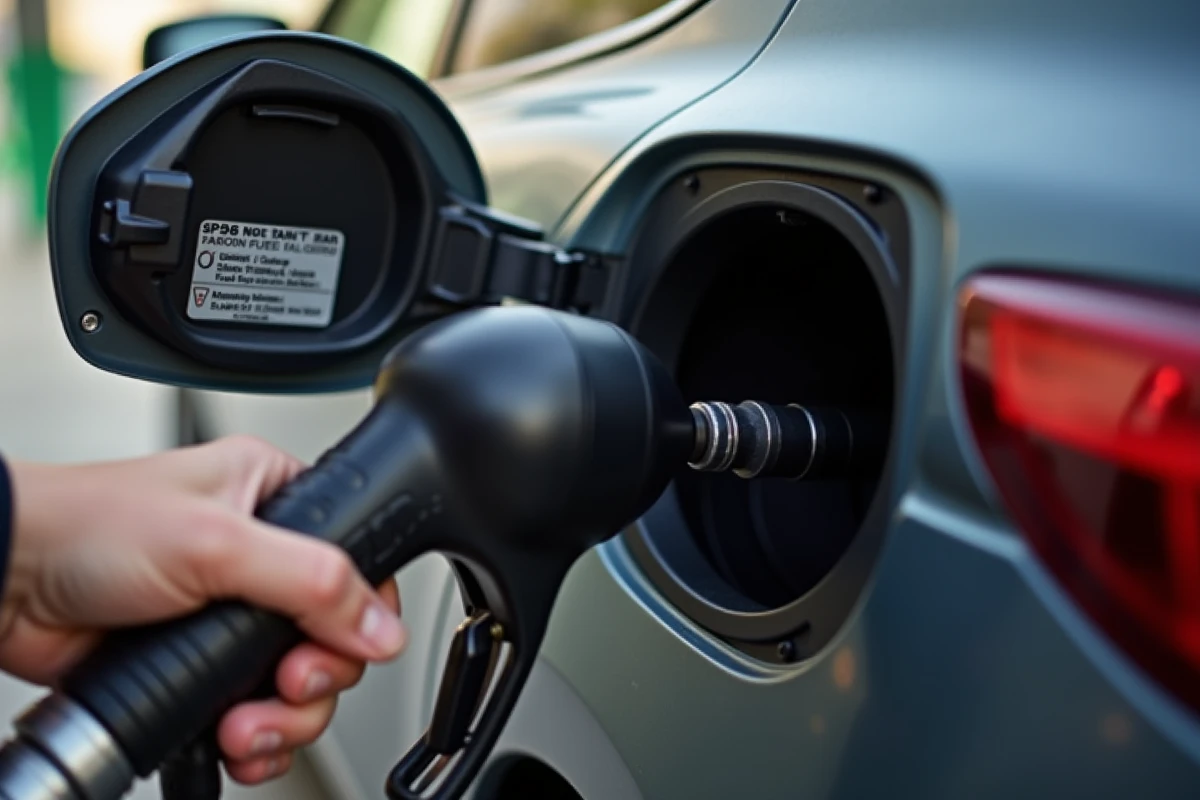 Gros plan sur la trappe à carburant d'une Peugeot 208 GTI avec étiquette recommandant le type d'essence SP98