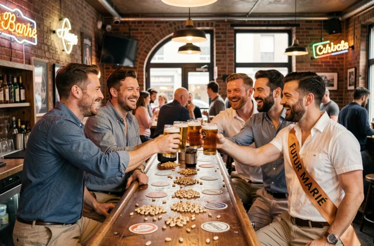 Groupe d'amis portant un toast à l'EVG du futur marié dans un pub urbain animé