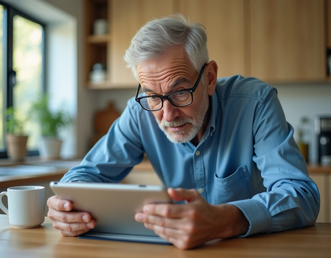 Homme âgé concentré sur une partie de Scrabble gratuite en ligne sur une tablette dans une cuisine moderne