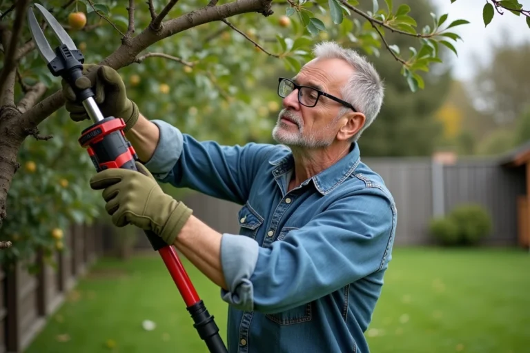 Homme utilisant une élagueuse à batterie pour tailler les branches hautes d'un pommier dans un jardin entretenu
