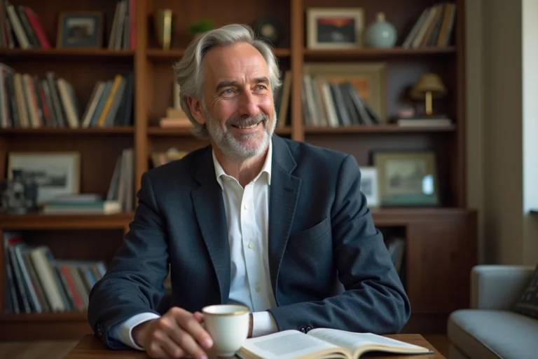 Homme d age en blazer assis avec livre et cafe