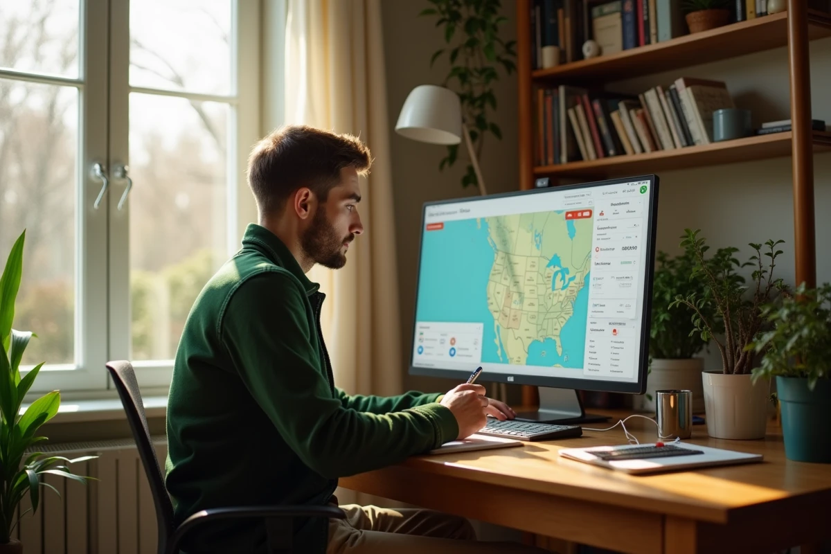 Jeune homme étudiant une carte sur son ordinateur à la maison