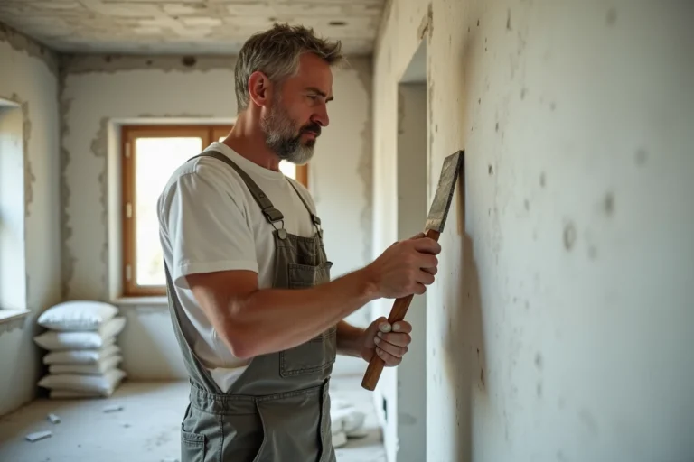 Hommes en overalls appliquant du plâtre dans une pièce rénovée