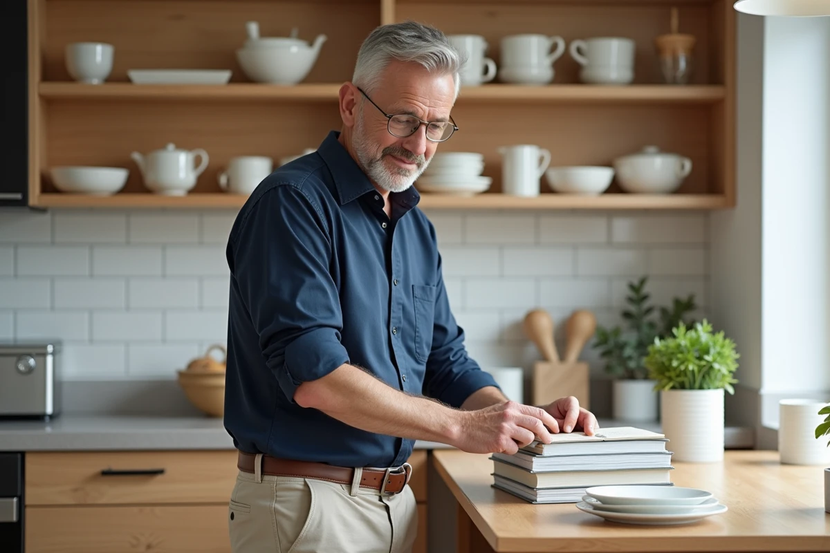 Homme organisant des livres et céramiques dans une cuisine scandinave