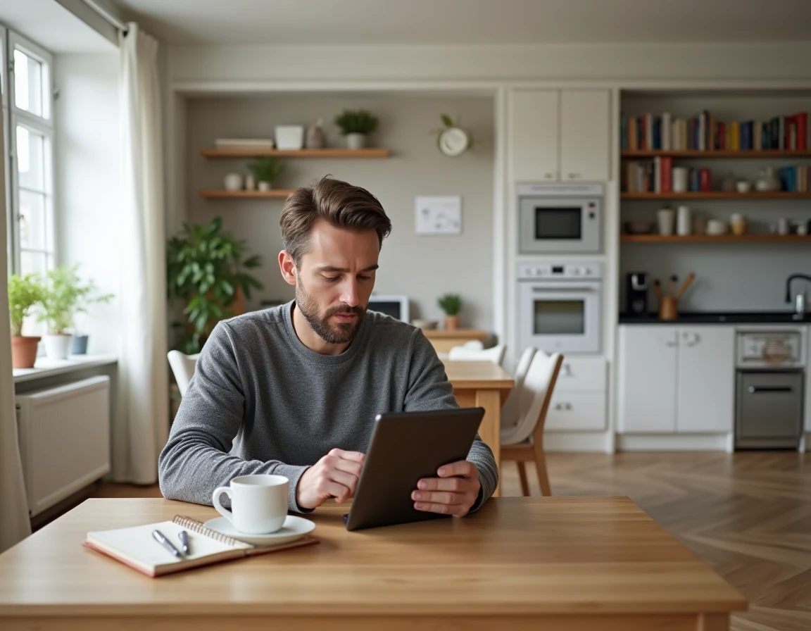 Homme consultant des annonces immobilières sur tablette dans un appartement moderne de style scandinave