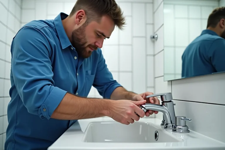 Homme en chemise bleue répare un mitigeur de bain