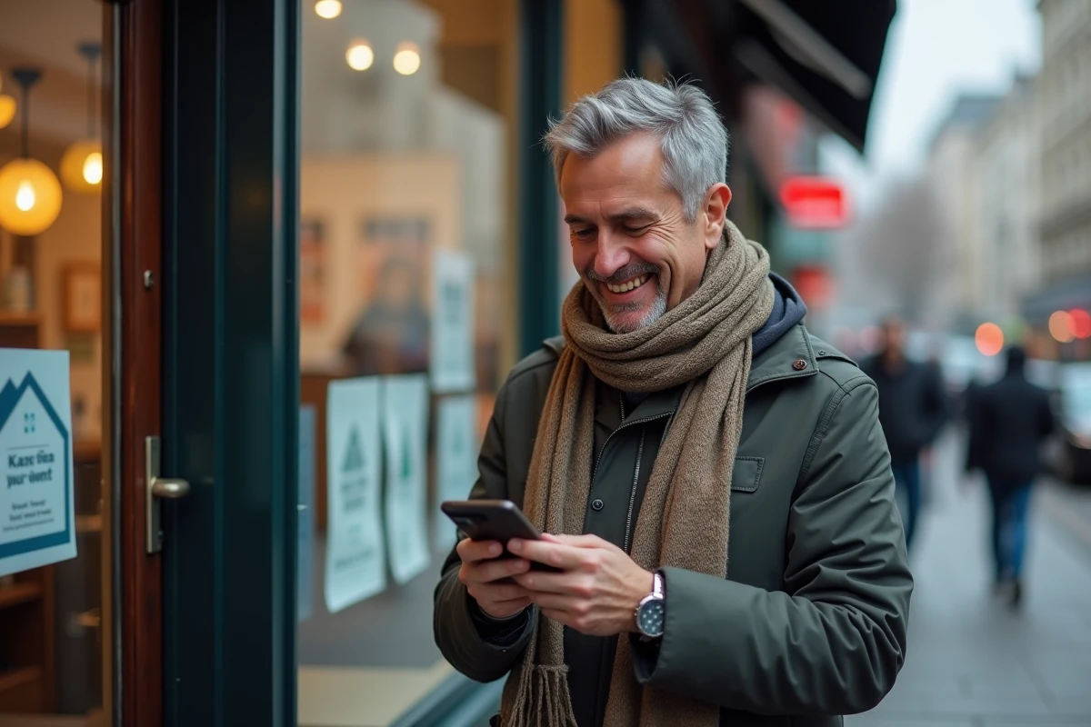 Homme vérifiant son smartphone devant une agence immobilière