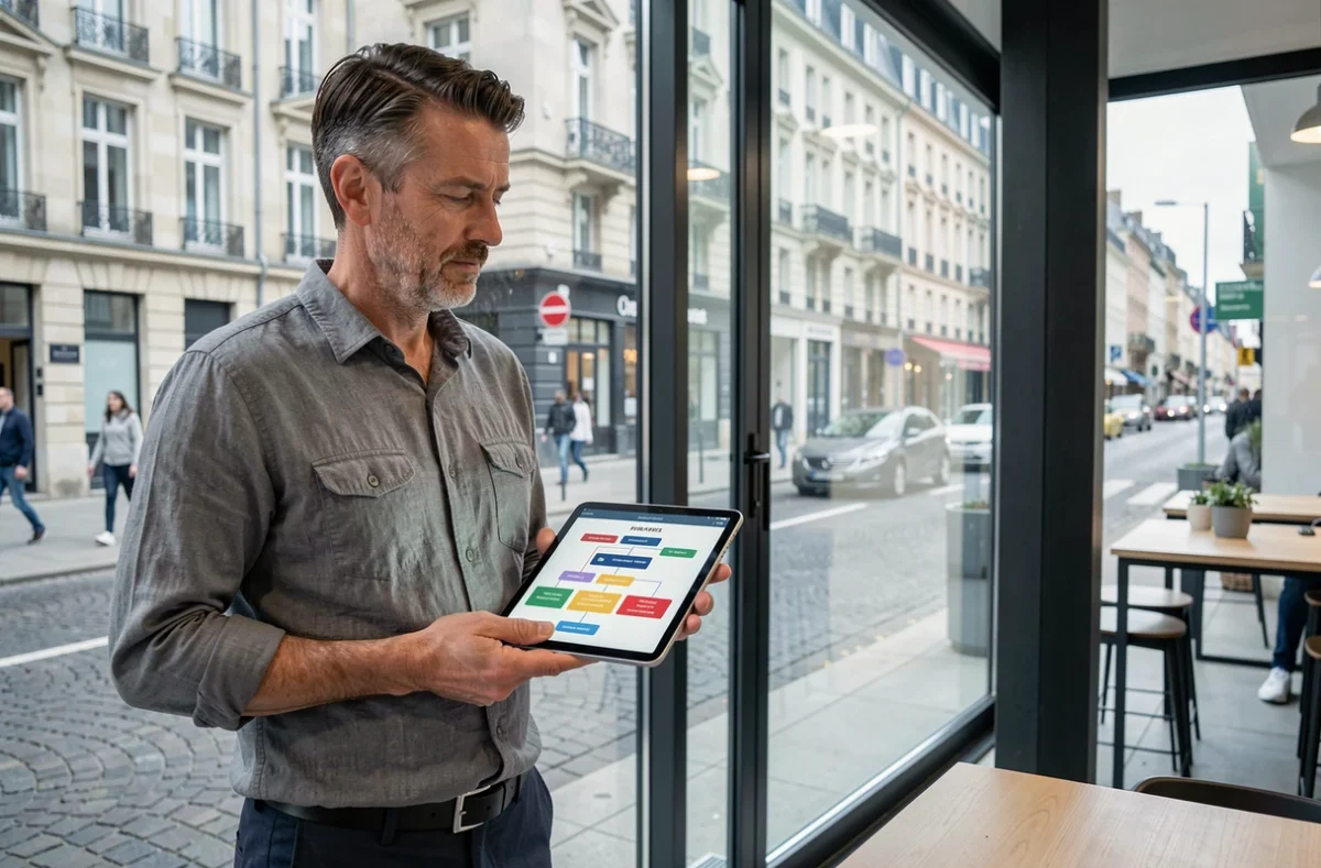 Homme consultant un sitemap de site d'information sur tablette dans un espace de coworking à Rennes